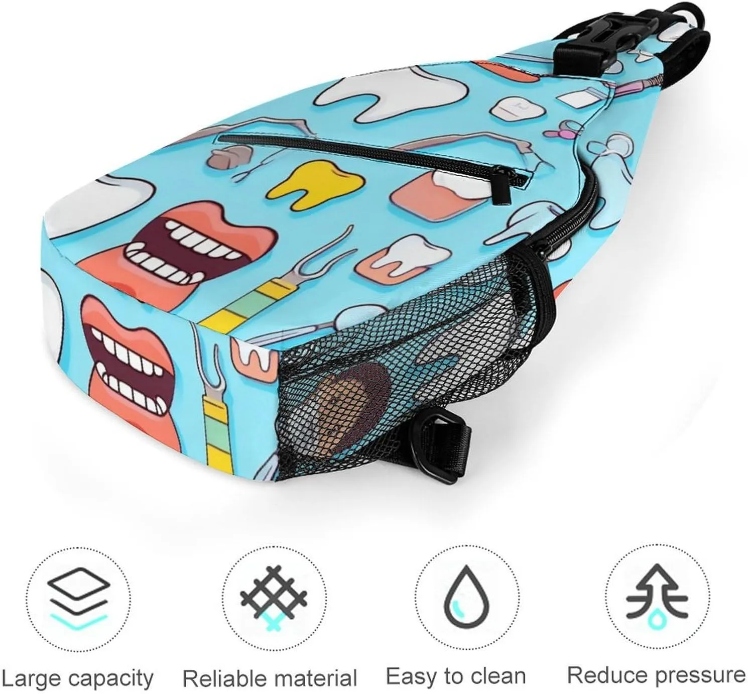Unisex Sports Crossbody Bags, Portable Large Capacity Teeth Dental Seamless Pattern Blue Sling Bag Shoulder Backpack Chest Bag with Buckles and Pockets for Hiking