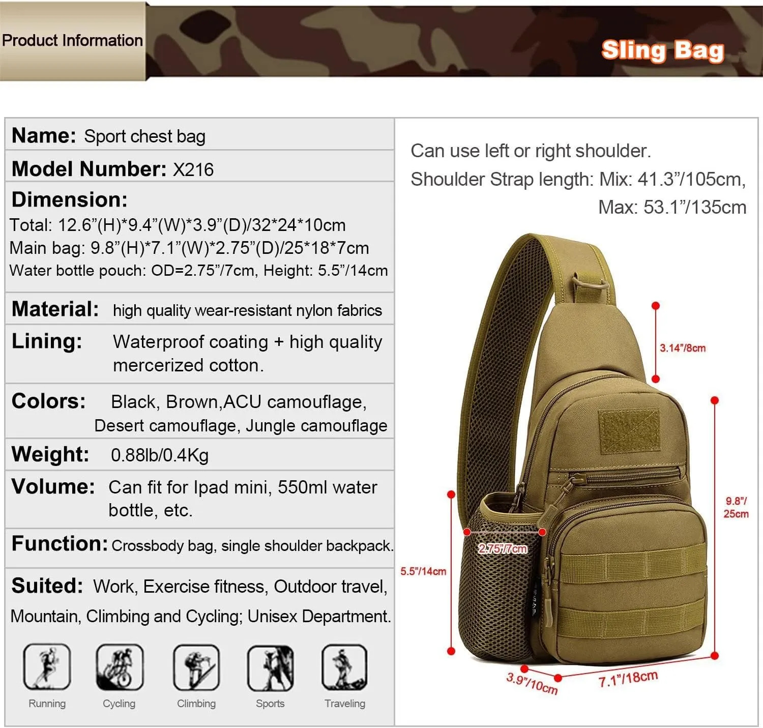 UNISTRENGH Tactical Sling Bag Chest Pack Molle Daypack iPad Mini Military Shoulder Bag Crossbody Duty Gear Backpack (Coyote Brown)