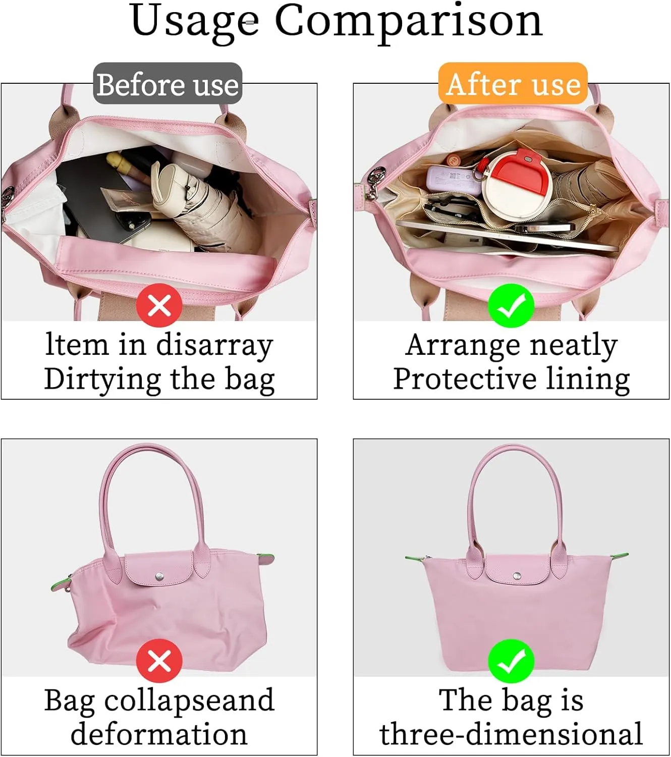 Upgraded Purse Organizer Insert Compatible with Longchamp Le Pliage Mini and More, Ultra-light Waterproof DupontPaper and Silk Handbag Inner for Luxury Bags (White, M-9.84 * 5.91 * 6.69in)