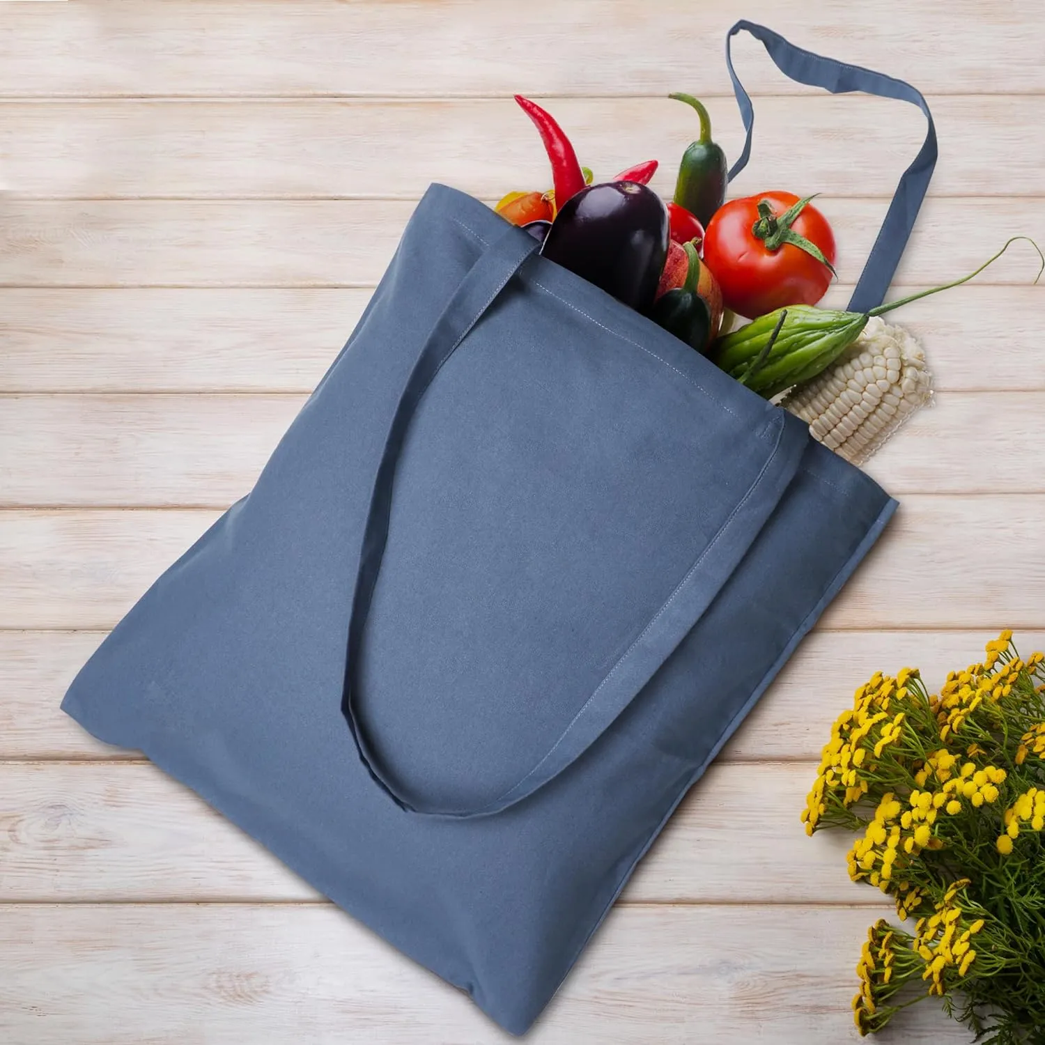 Urban Villa 12 Pack Reusable Grocery Bags 15’’x16’’ with 27’’ long Handle Blue Color 100% Cotton Tote Bags Medium Weight Grocery Shopping Cloth Bags Great Choice for Promotion Gift DIY Advertising