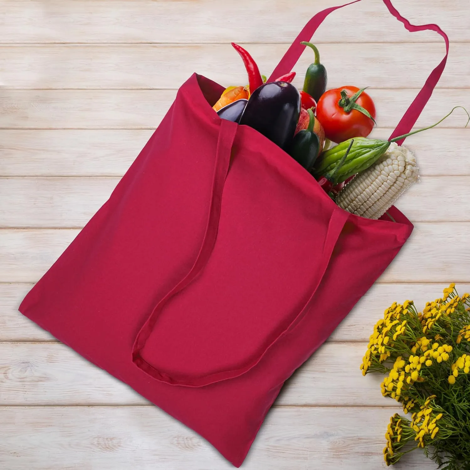 Urban Villa 24 Pack Reusable Grocery Bags 15’’x16’’ with 27’’ long Handle Red Color 100% Cotton Tote Bags Medium Weight Grocery Shopping Cloth Bags Great Choice for Promotion Gift DIY Advertising