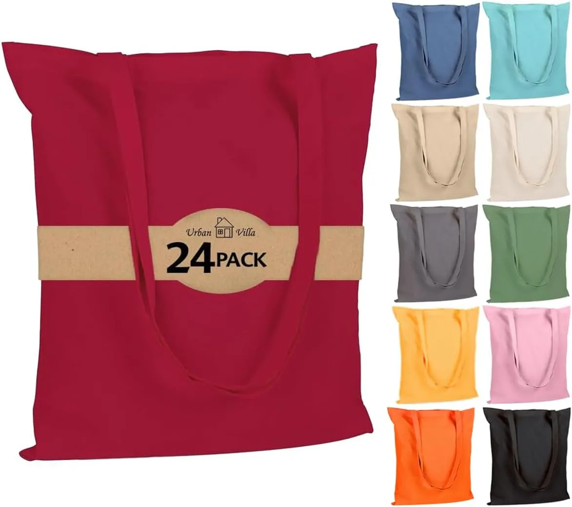 Urban Villa 24 Pack Reusable Grocery Bags 15’’x16’’ with 27’’ long Handle Red Color 100% Cotton Tote Bags Medium Weight Grocery Shopping Cloth Bags Great Choice for Promotion Gift DIY Advertising