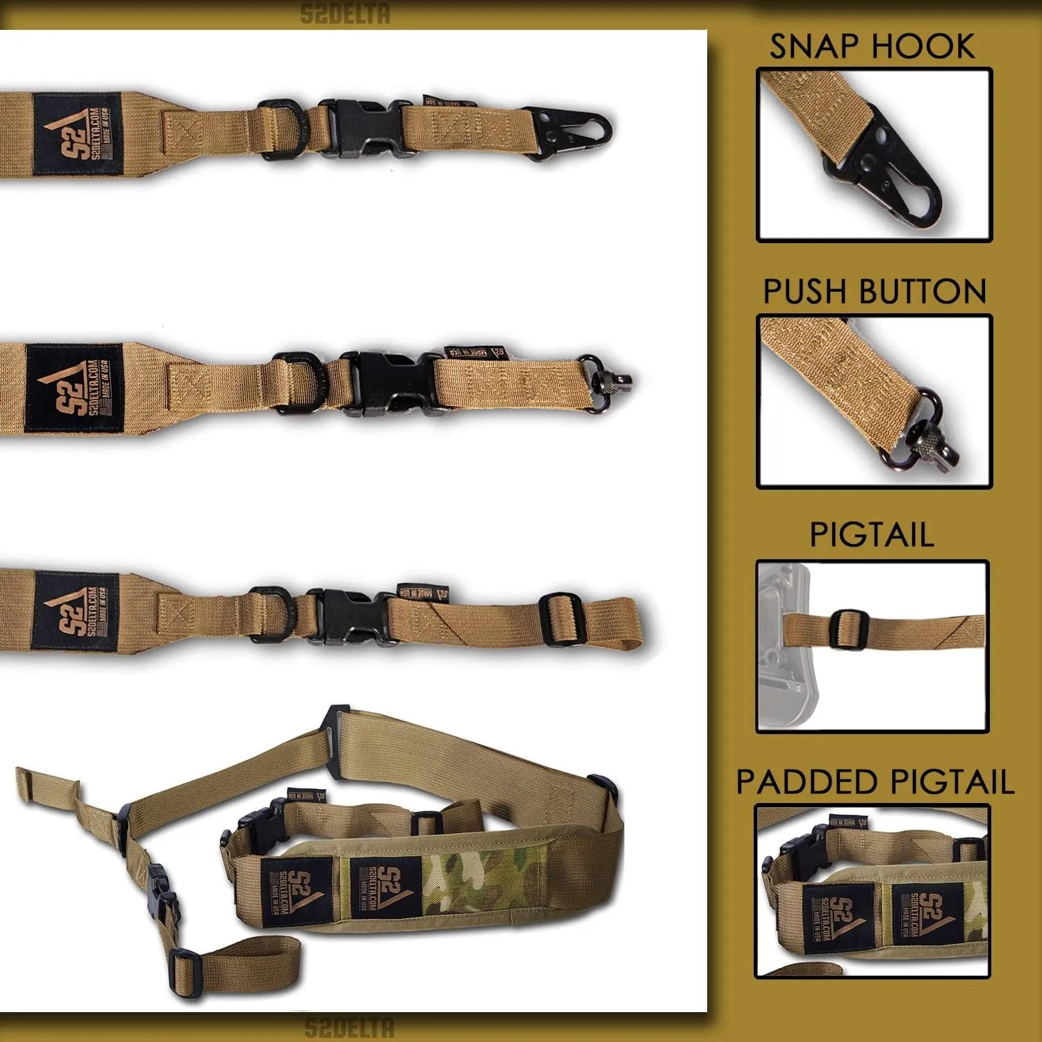 USA Made Premium 2 Point Rifle Sling, Fast Adjustment, Modular Attachment Connections, Comfortable 2” Wide Shoulder Strap