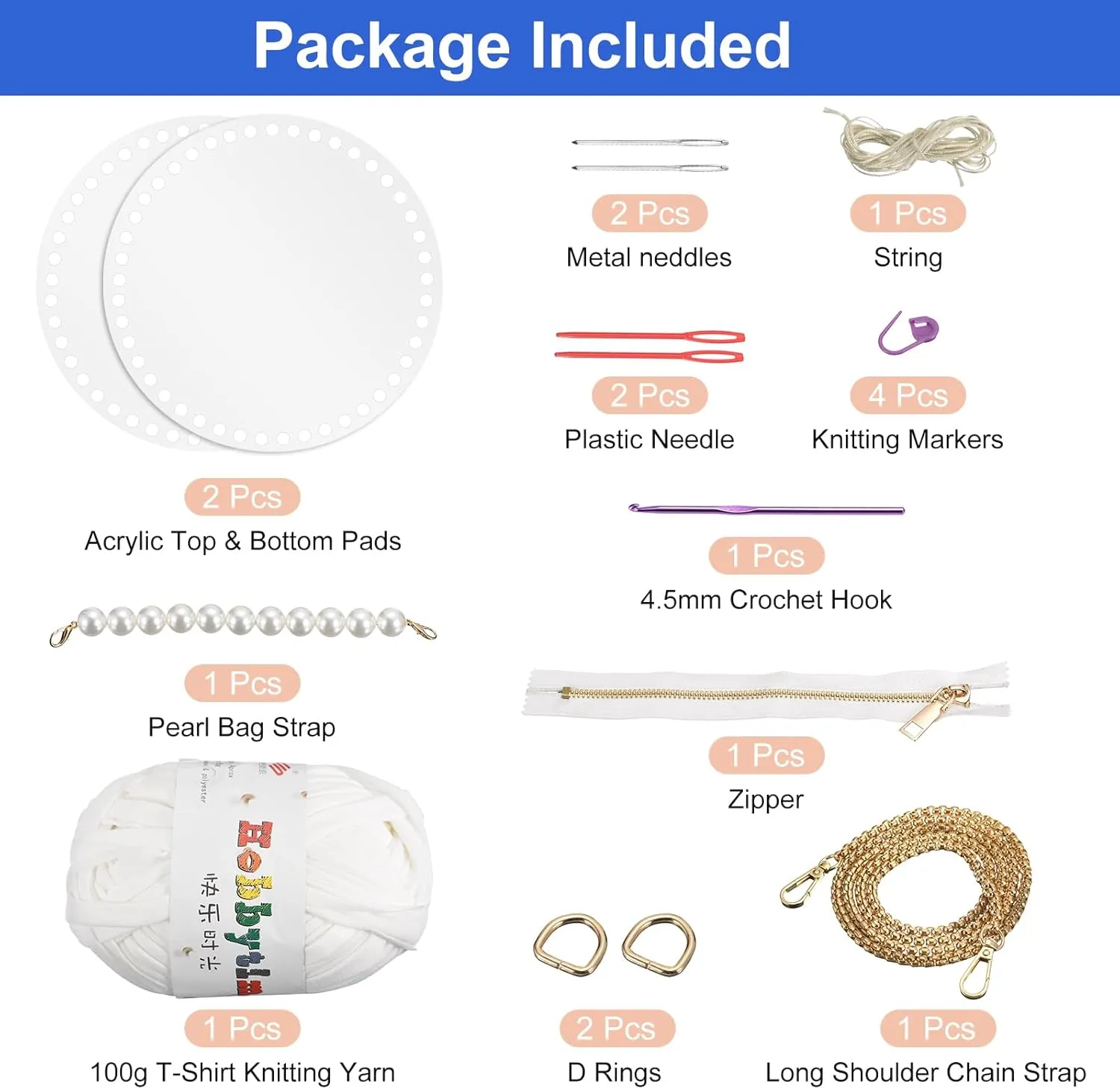 uxcell Acrylic Purse Making Kit, 15Pcs DIY Acrylic Cotton Bag Basket Making Set, Panel Shaper, Knitting Yarn, Bag Straps, D Rings, Zipper, Crocheting Tools for Purse DIY Making - White