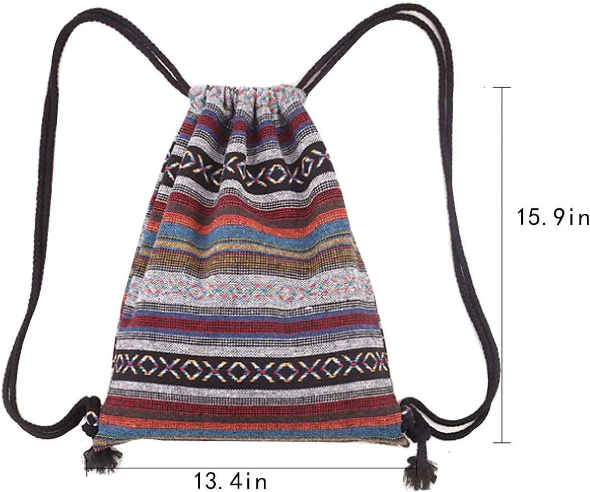 Van Caro Bohemian Drawstring Backpack Light Cinch Bag Gym Sack String Bag (Color 2)