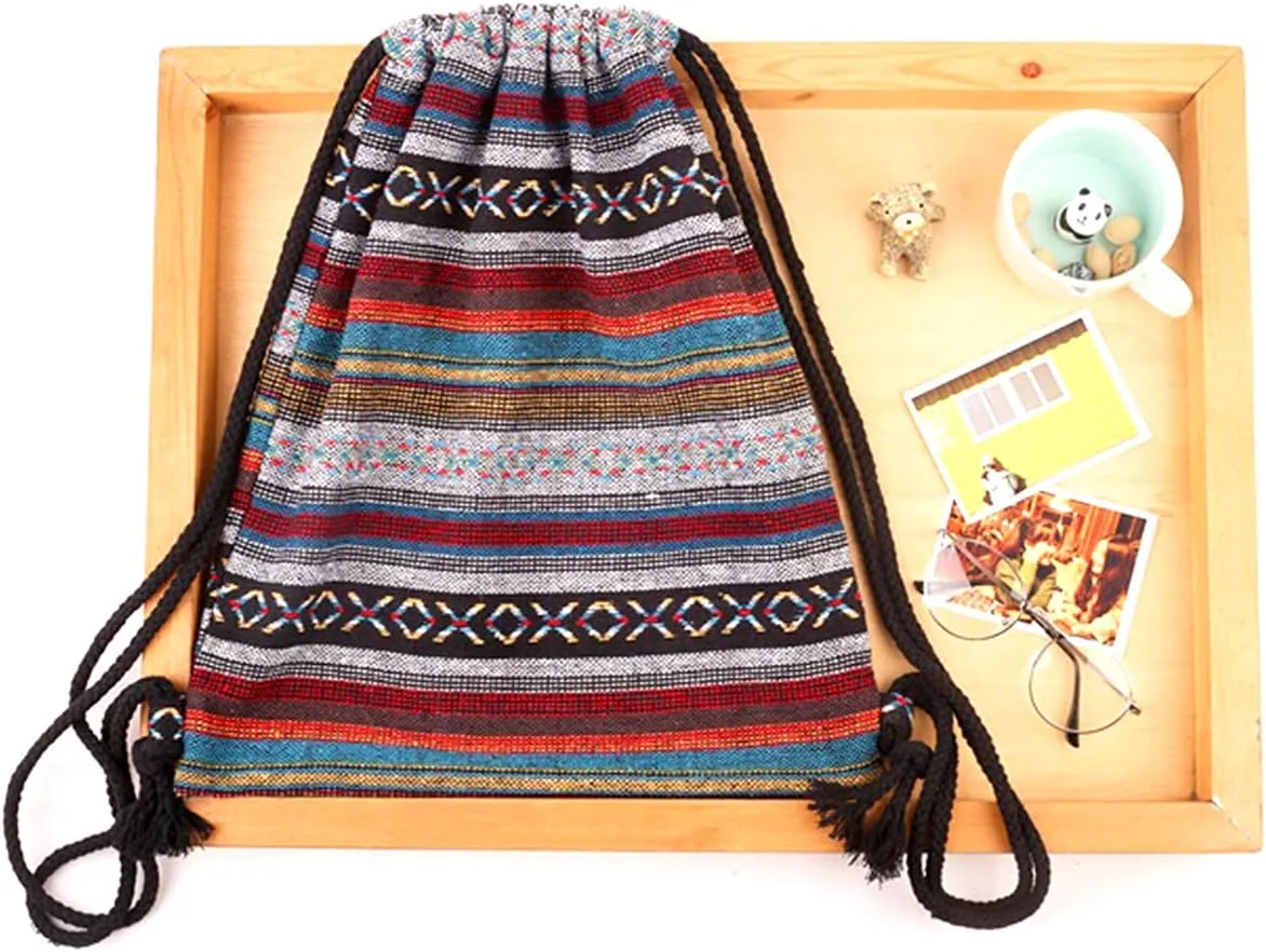 Van Caro Bohemian Drawstring Backpack Light Cinch Bag Gym Sack String Bag (Color 2)