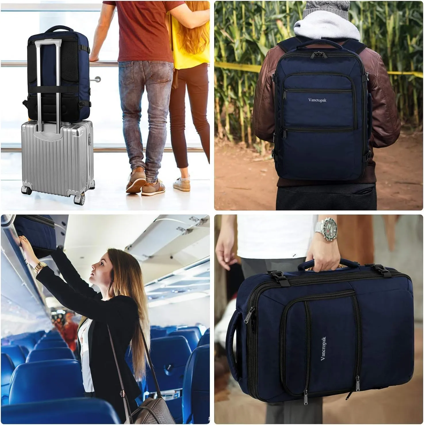 Vancropak Carry On Backpack, Expandable Large Travel Backpack for Men/Women, 40L Airplane Approved Luggage Bag Business Weekender Bag, Lightweight Water Resistant Daypack for Flight, Blue