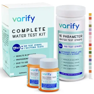 Varify 17in1 Complete Drinking Water Test Kit - 100 Strips   2 Bacteria Tester Kits - Well, Tap, Home, City Water Testing Strip for Lead, Alkaline, Chlorine, Hardness, Iron, Fluoride, Copper & More