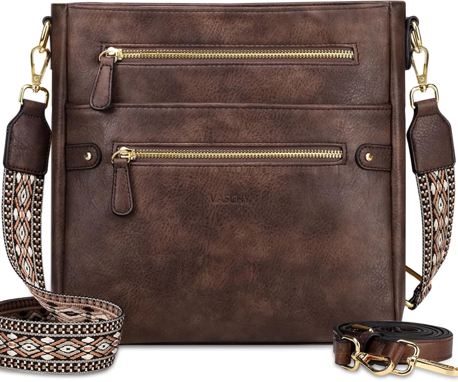 VASCHY Crossbody Bag Purse for Women, Fashion Vegan Leather Medium Multi-pocket Cross Body Messenger Bag Handbag Guitar Strap