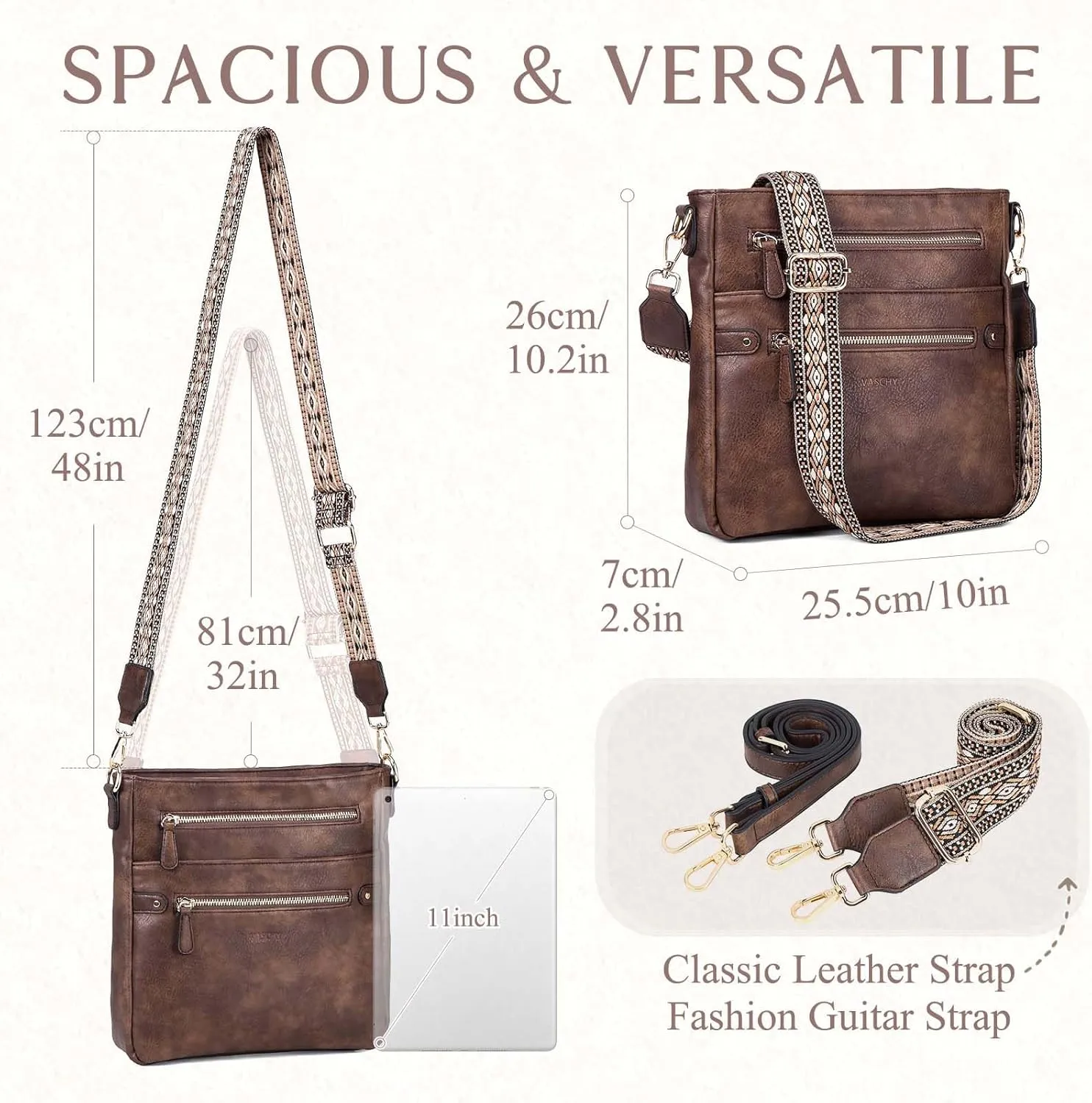 VASCHY Crossbody Bag Purse for Women, Fashion Vegan Leather Medium Multi-pocket Cross Body Messenger Bag Handbag Guitar Strap