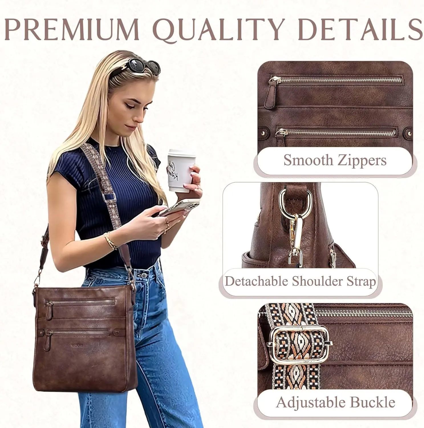 VASCHY Crossbody Bag Purse for Women, Fashion Vegan Leather Medium Multi-pocket Cross Body Messenger Bag Handbag Guitar Strap