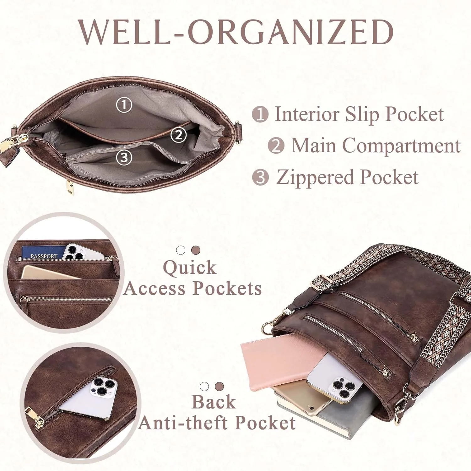 VASCHY Crossbody Bag Purse for Women, Fashion Vegan Leather Medium Multi-pocket Cross Body Messenger Bag Handbag Guitar Strap