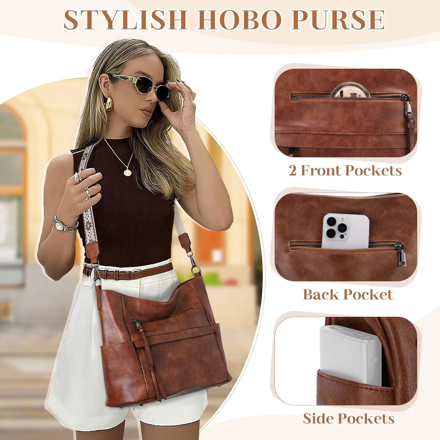 VASCHY Hobo Bag for Women, Medium Vegan Leather Shoulder Purse Handbag Wallet Set Tote Bag with Crossbody Guitar Strap