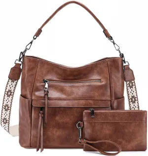 VASCHY Hobo Bag for Women, Medium Vegan Leather Shoulder Purse Handbag Wallet Set Tote Bag with Crossbody Guitar Strap