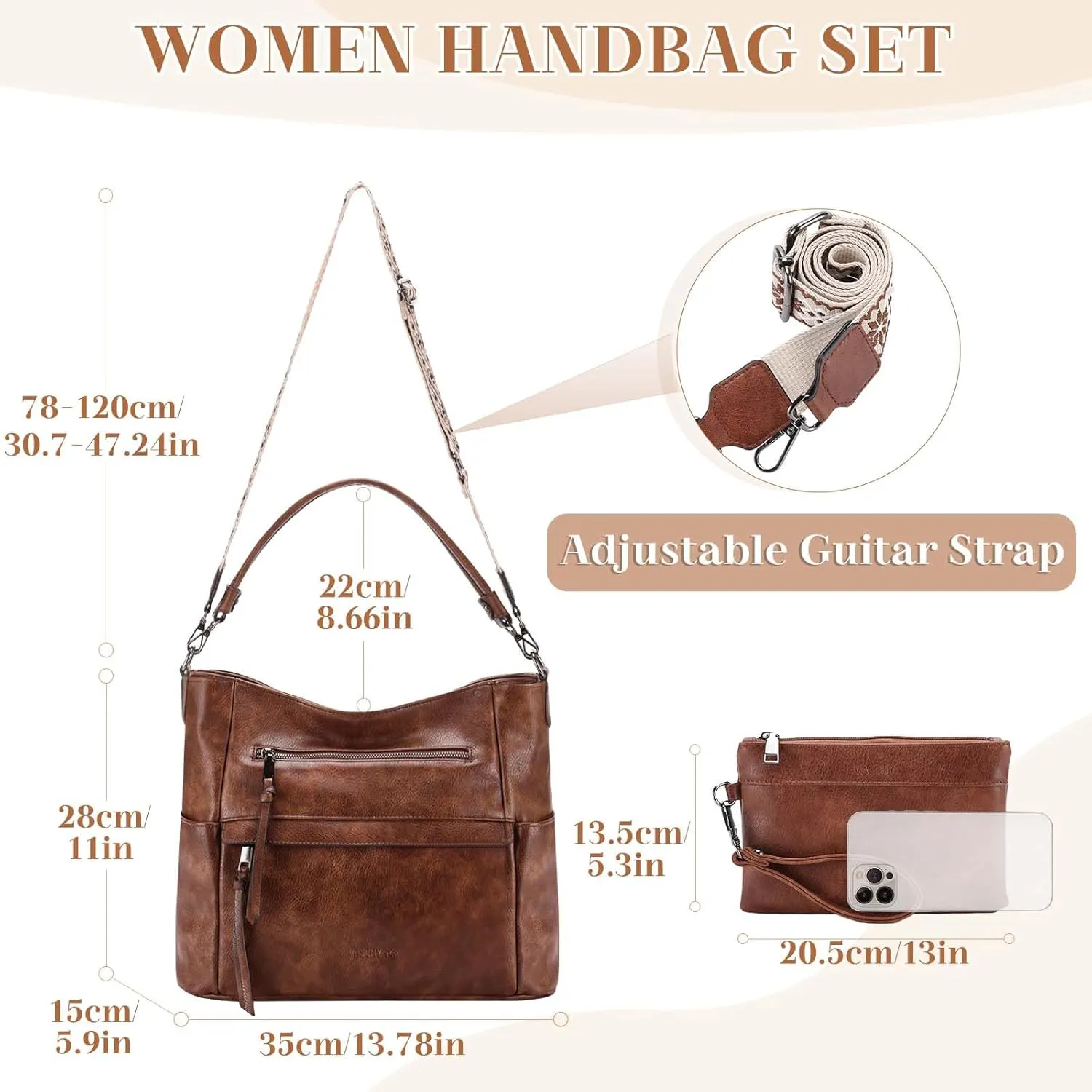 VASCHY Hobo Bag for Women, Medium Vegan Leather Shoulder Purse Handbag Wallet Set Tote Bag with Crossbody Guitar Strap