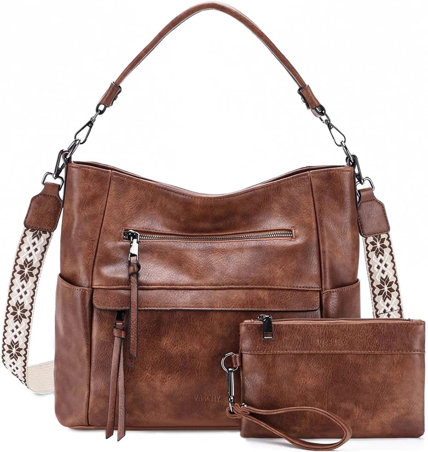 VASCHY Hobo Bag for Women, Medium Vegan Leather Shoulder Purse Handbag Wallet Set Tote Bag with Crossbody Guitar Strap