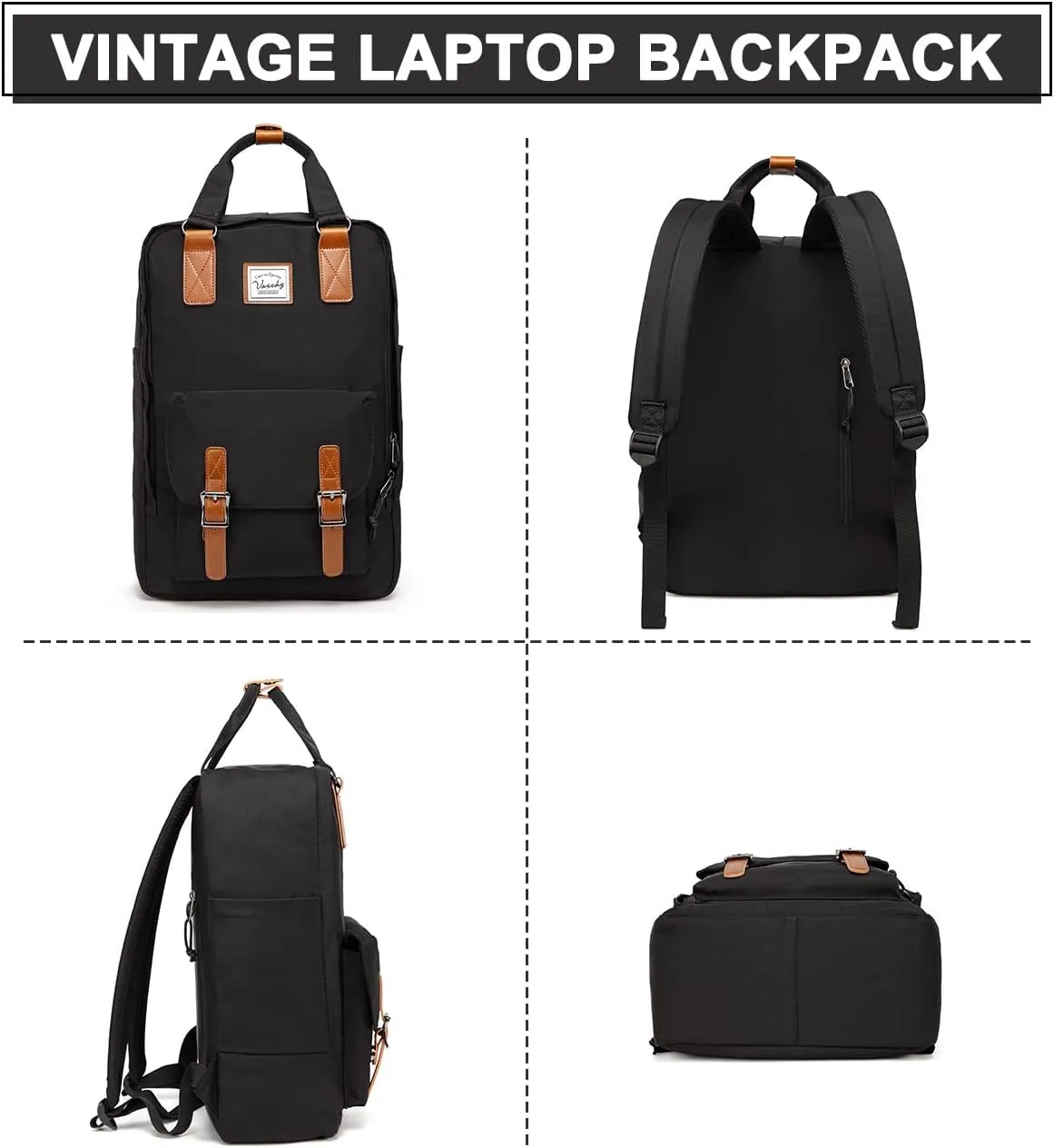 VASCHY School Backpack for Men and Women, Unisex Vintage Water Resistant Casual Daypack Rucksack Bookbag for College Fits 15inch Laptop Black