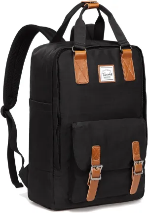 VASCHY School Backpack for Men and Women, Unisex Vintage Water Resistant Casual Daypack Rucksack Bookbag for College Fits 15inch Laptop Black
