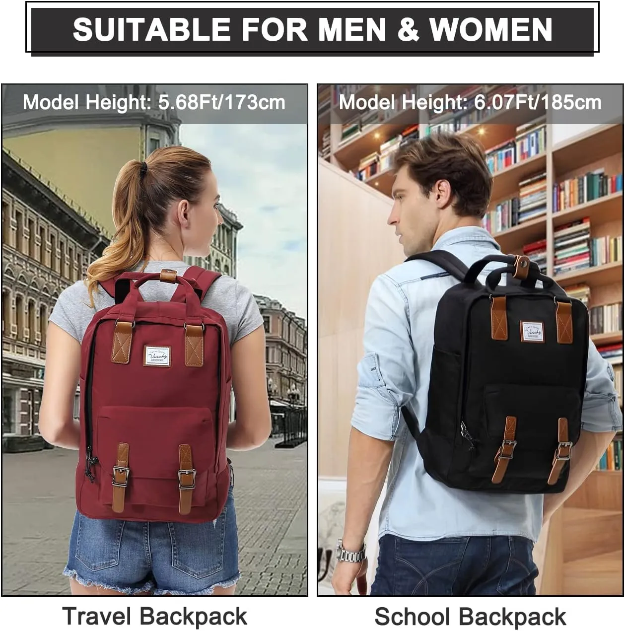 VASCHY School Backpack for Men and Women, Unisex Vintage Water Resistant Casual Daypack Rucksack Bookbag for College Fits 15inch Laptop Black