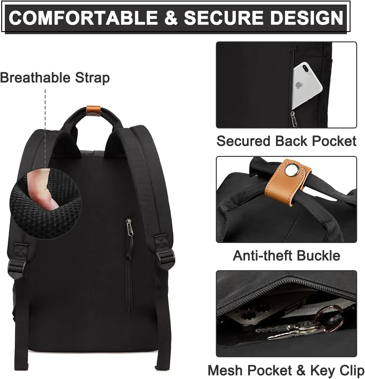 VASCHY School Backpack for Men and Women, Unisex Vintage Water Resistant Casual Daypack Rucksack Bookbag for College Fits 15inch Laptop Black