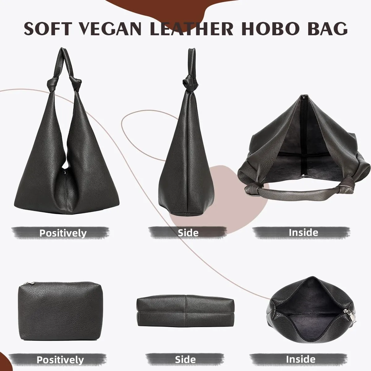 Vegan Leather Hobo Purses set, Slouchy Shoulder Bag Knotted Hobo Bags for Women with a small purse
