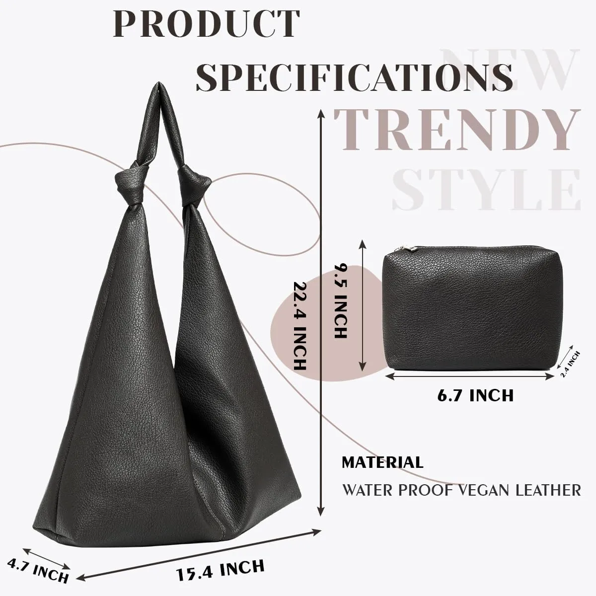 Vegan Leather Hobo Purses set, Slouchy Shoulder Bag Knotted Hobo Bags for Women with a small purse
