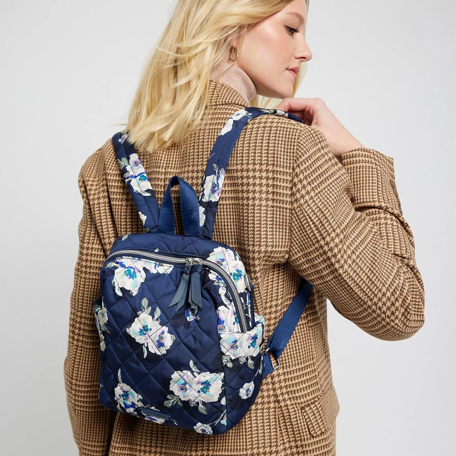Vera Bradley Women's Performance Twill Convertible Small Backpack Bookbag, Blooms and Branches Navy, One Size