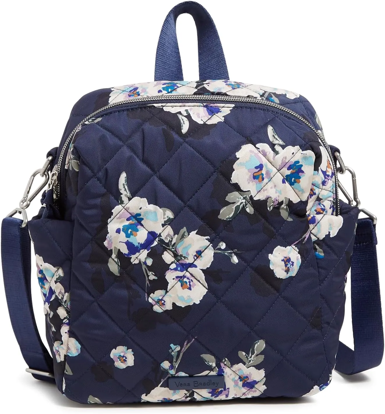 Vera Bradley Women's Performance Twill Convertible Small Backpack Bookbag, Blooms and Branches Navy, One Size