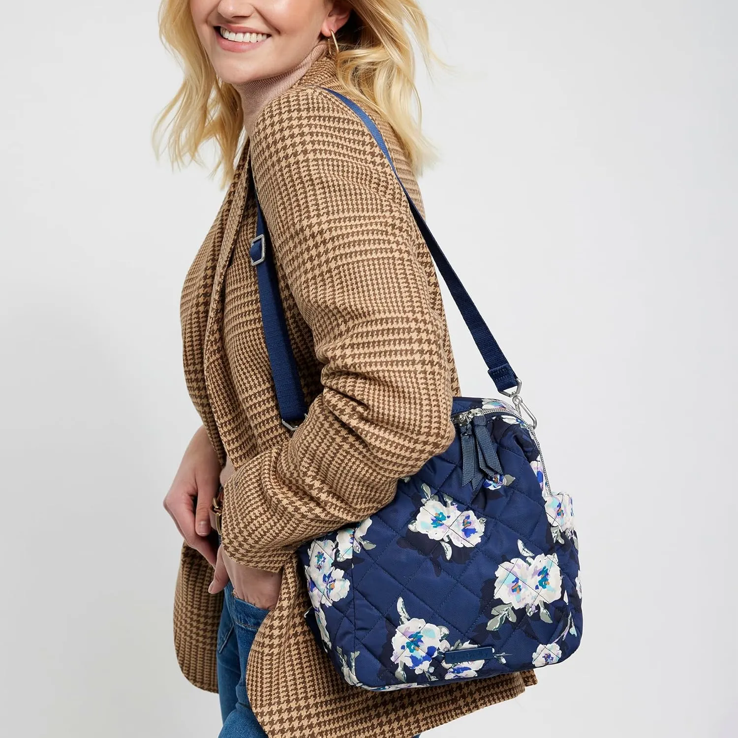 Vera Bradley Women's Performance Twill Convertible Small Backpack Bookbag, Blooms and Branches Navy, One Size