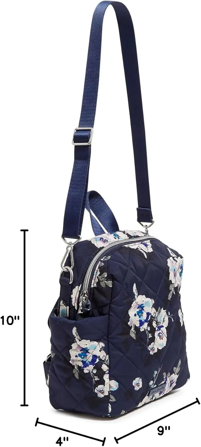 Vera Bradley Women's Performance Twill Convertible Small Backpack Bookbag, Blooms and Branches Navy, One Size