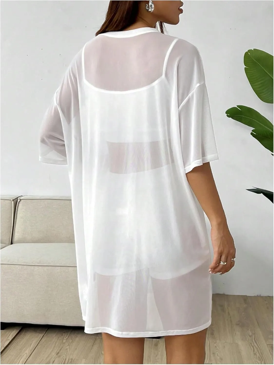 Verdusa Women's Sheer Mesh Dress Loose See Through Half Sleeve Beach Cover Up