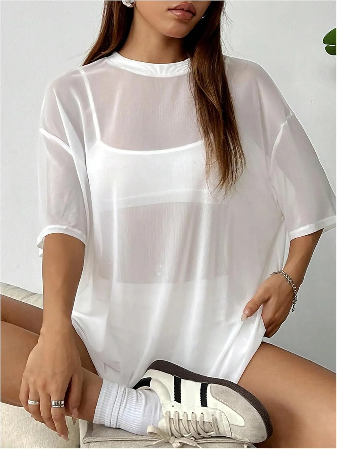Verdusa Women's Sheer Mesh Dress Loose See Through Half Sleeve Beach Cover Up