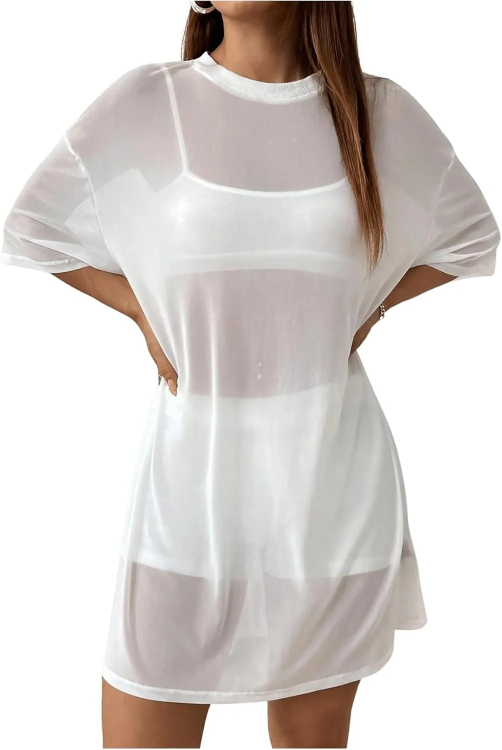 Verdusa Women's Sheer Mesh Dress Loose See Through Half Sleeve Beach Cover Up