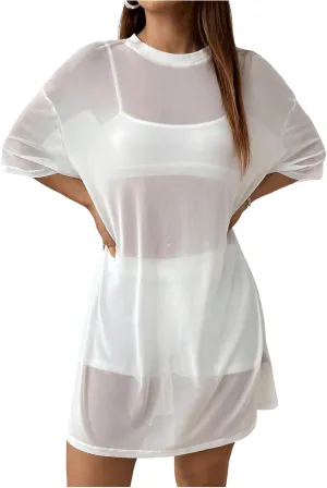 Verdusa Women's Sheer Mesh Dress Loose See Through Half Sleeve Beach Cover Up