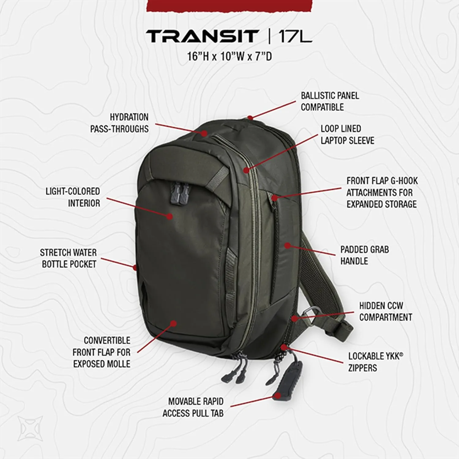 Vertx Transit Tactical Bag Sling Backpack 17L Backpack for Conceal Carry (CCW), Travel, Work, Tactical Gear, Rudder Green