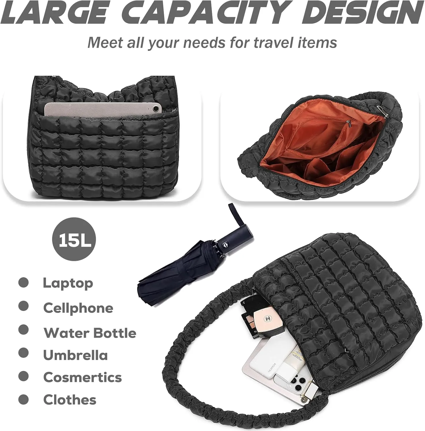 VH&GRED Puffer Quilted Carryall Bag Large Padding Tote Lightweight Crossbody Purse Casual Hobo Handbag for Women
