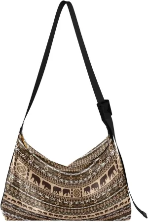 Vintage African Patterns Hobo Crossbody Bags for Women Leather Large Shoulder Bag Cross Body Elephants Silhouettes Trendy Womens Tote Bags Handbag for Travel Shopping