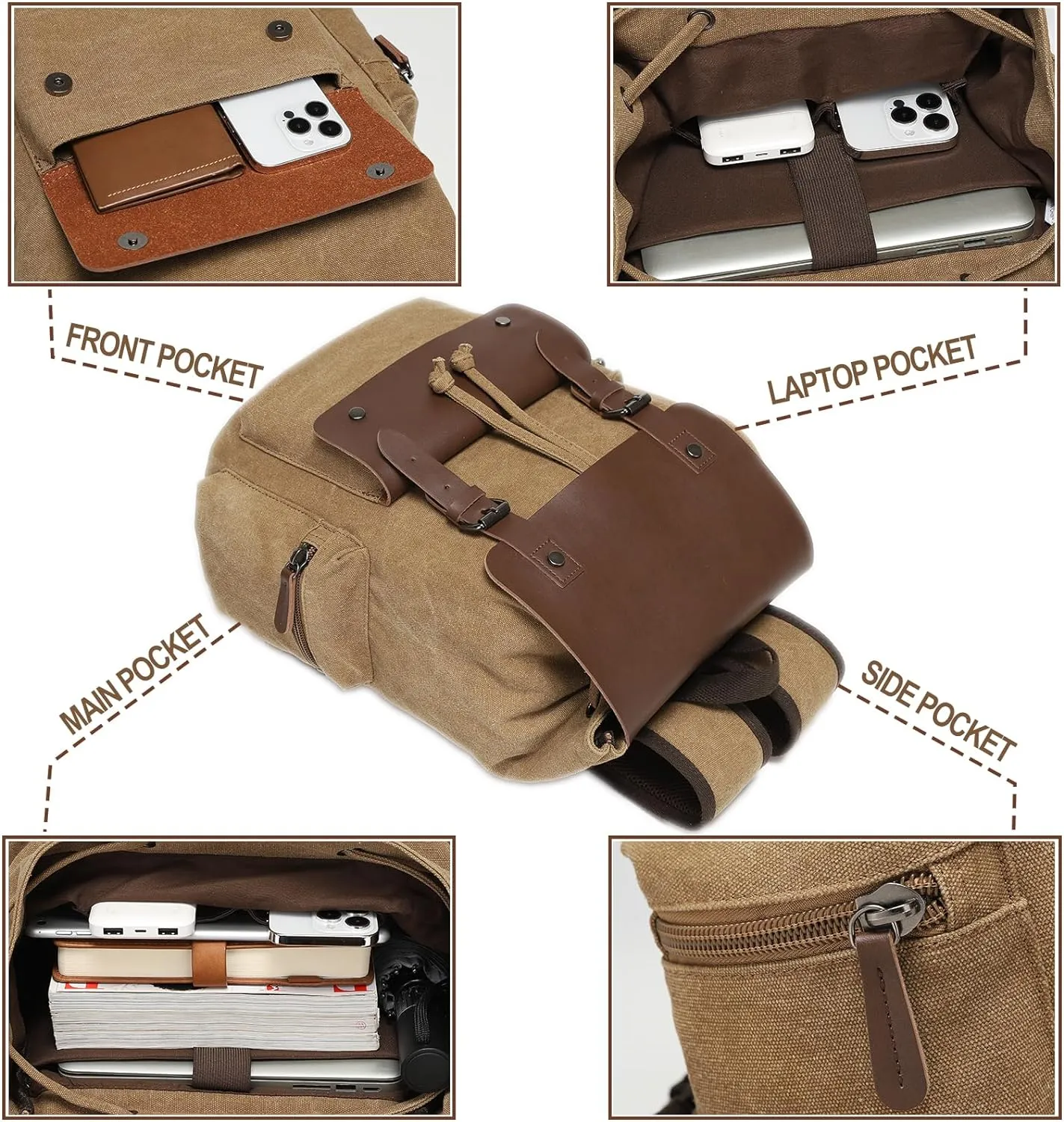 Vintage Backpack, Canvas Leather Laptop Daypack for Men Women, Brown Travel Backpack Work Rucksack College Bookbag Fits 15.6 Inch Laptop, Brown
