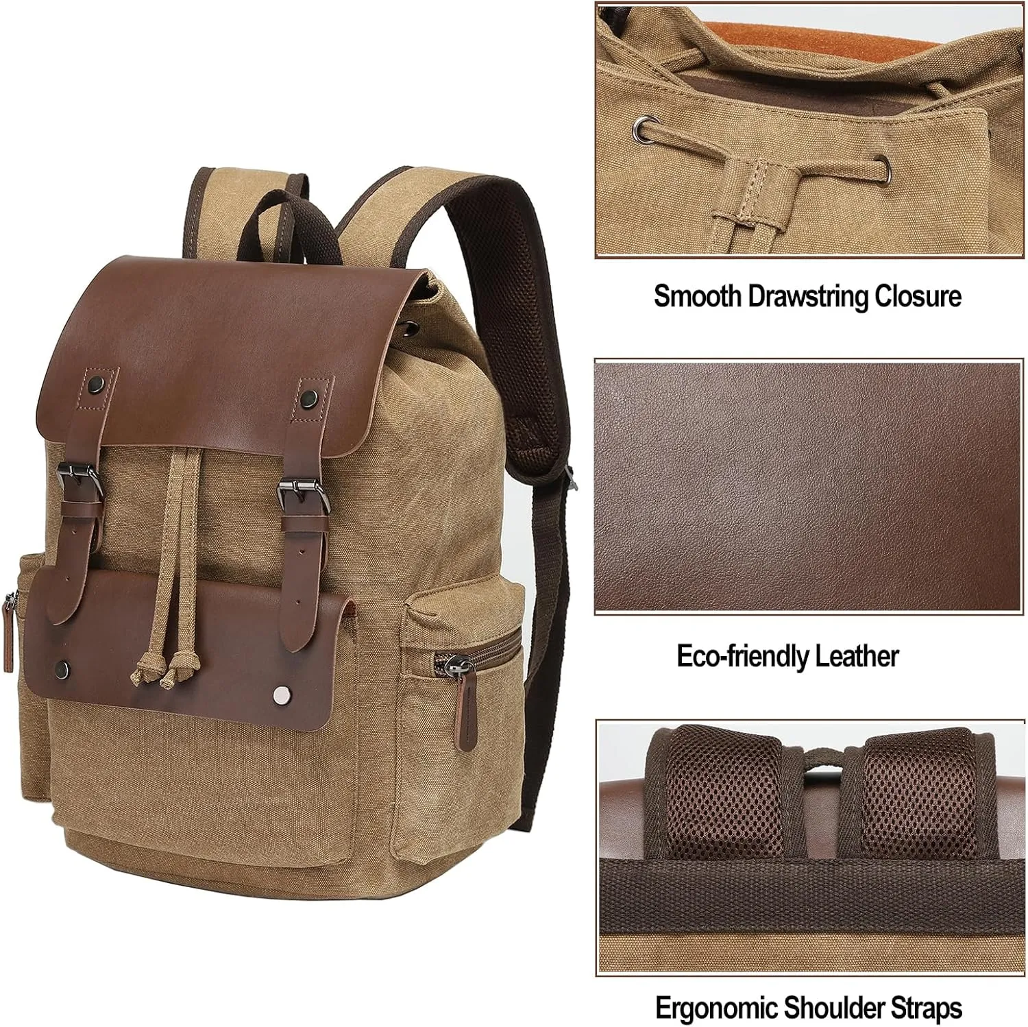 Vintage Backpack, Canvas Leather Laptop Daypack for Men Women, Brown Travel Backpack Work Rucksack College Bookbag Fits 15.6 Inch Laptop, Brown