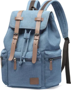 Vintage Canvas Backpack for Men & Women, Durable Casual Daypack with Leather Accent, Fits for College, Work, Travel, & Outdoor, Blue