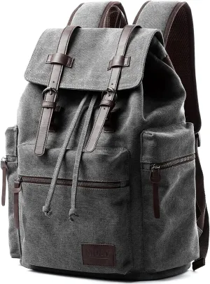 Vintage Canvas Backpack for Men, Grey Retro Backpack Fit 15.6 inch Laptop, Flap Grunge Backpacks for College, Durable Casual Daypack Rucksack for Camping Hiking Traveling