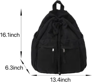 Vintage Canvas Backpack for Women Men Grunge Hippie Boho Drawstring Backpack College Bag Travel Casual Daypack (Black,One Size)