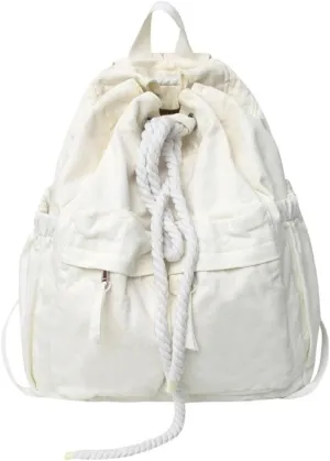 Vintage Canvas Backpack for Women Men Grunge Hippie Boho Drawstring Backpack College Bag Travel Casual Daypack (White,One Size)