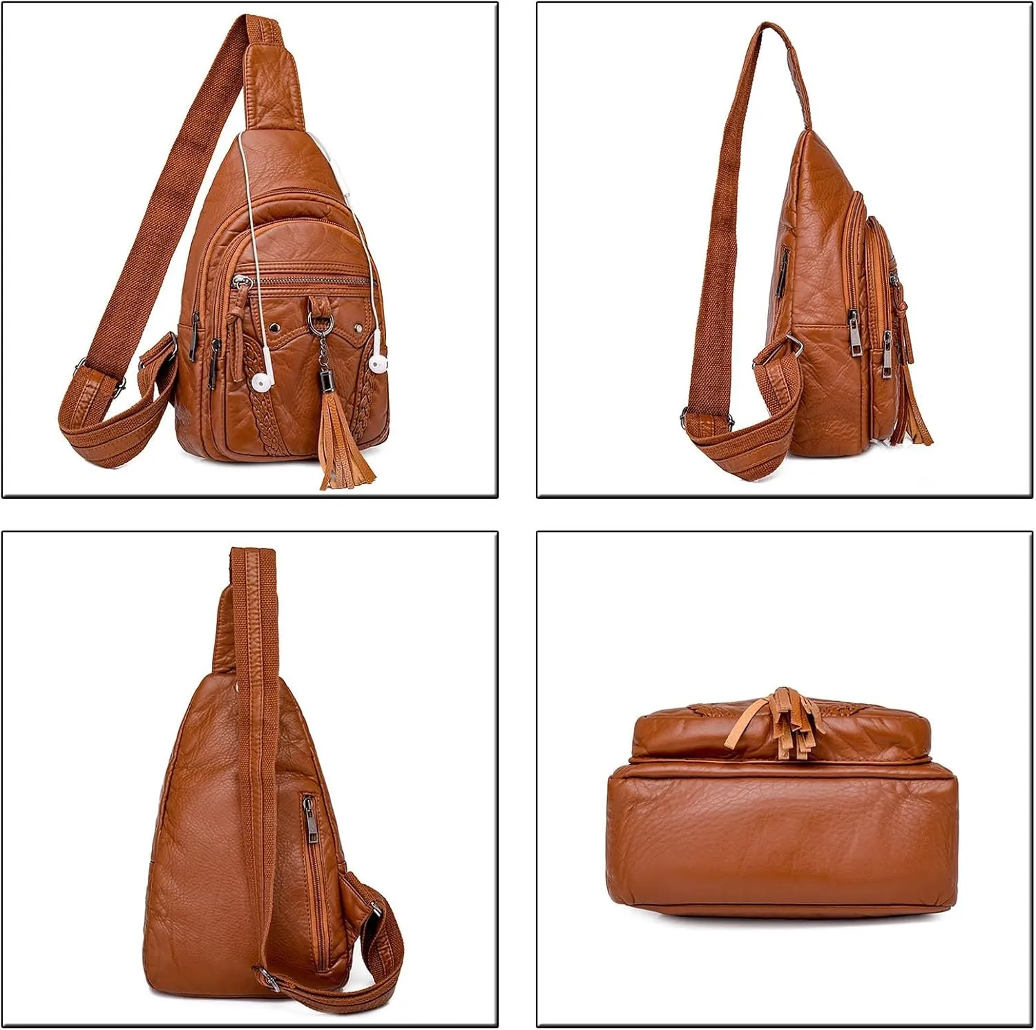 Vintage Crossbody Bags For Women - Sling Backpack With Zipper Adjustable Shoulder Strap Travel Bag In Leather