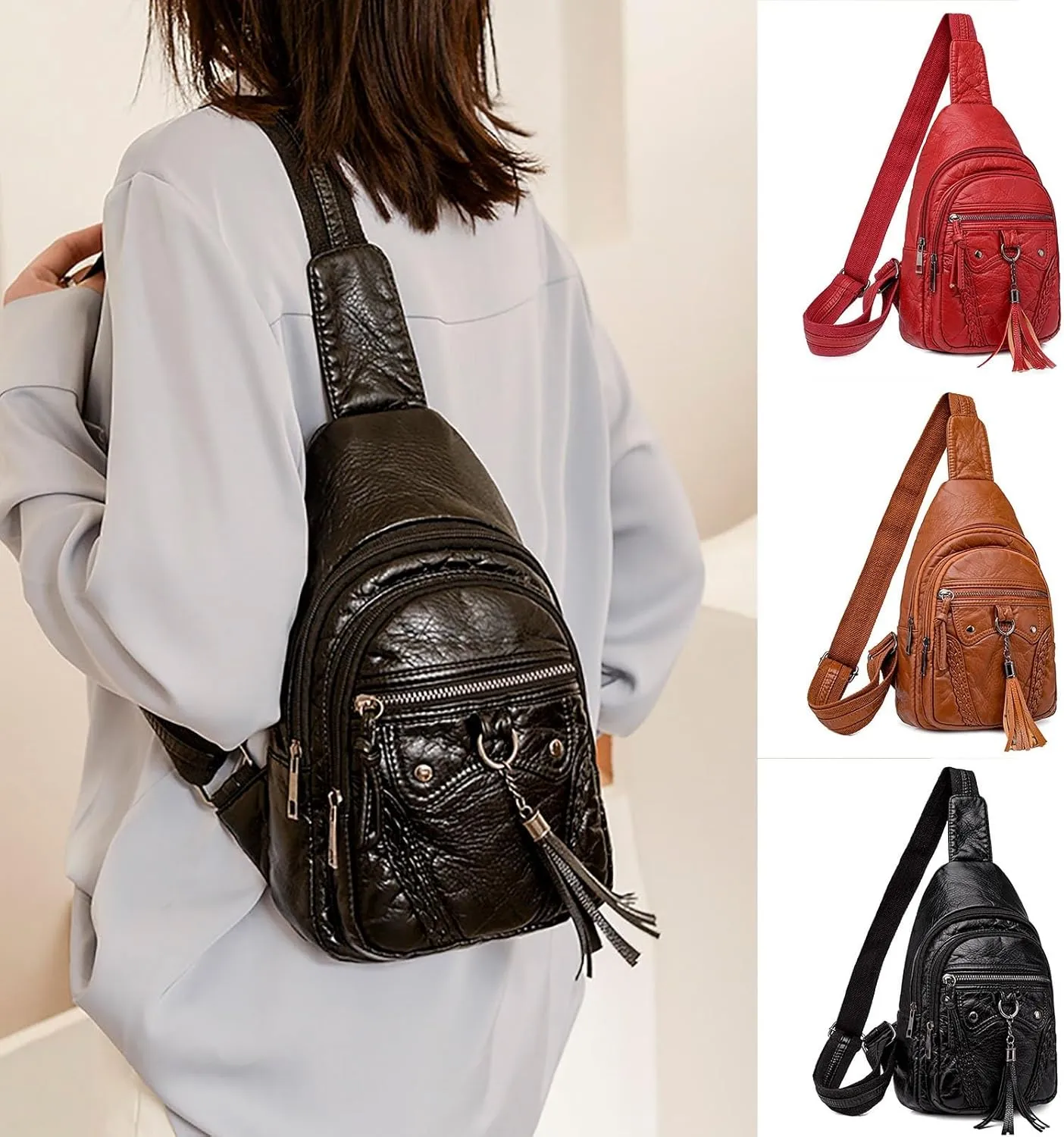 Vintage Crossbody Bags For Women - Sling Backpack With Zipper Adjustable Shoulder Strap Travel Bag In Leather