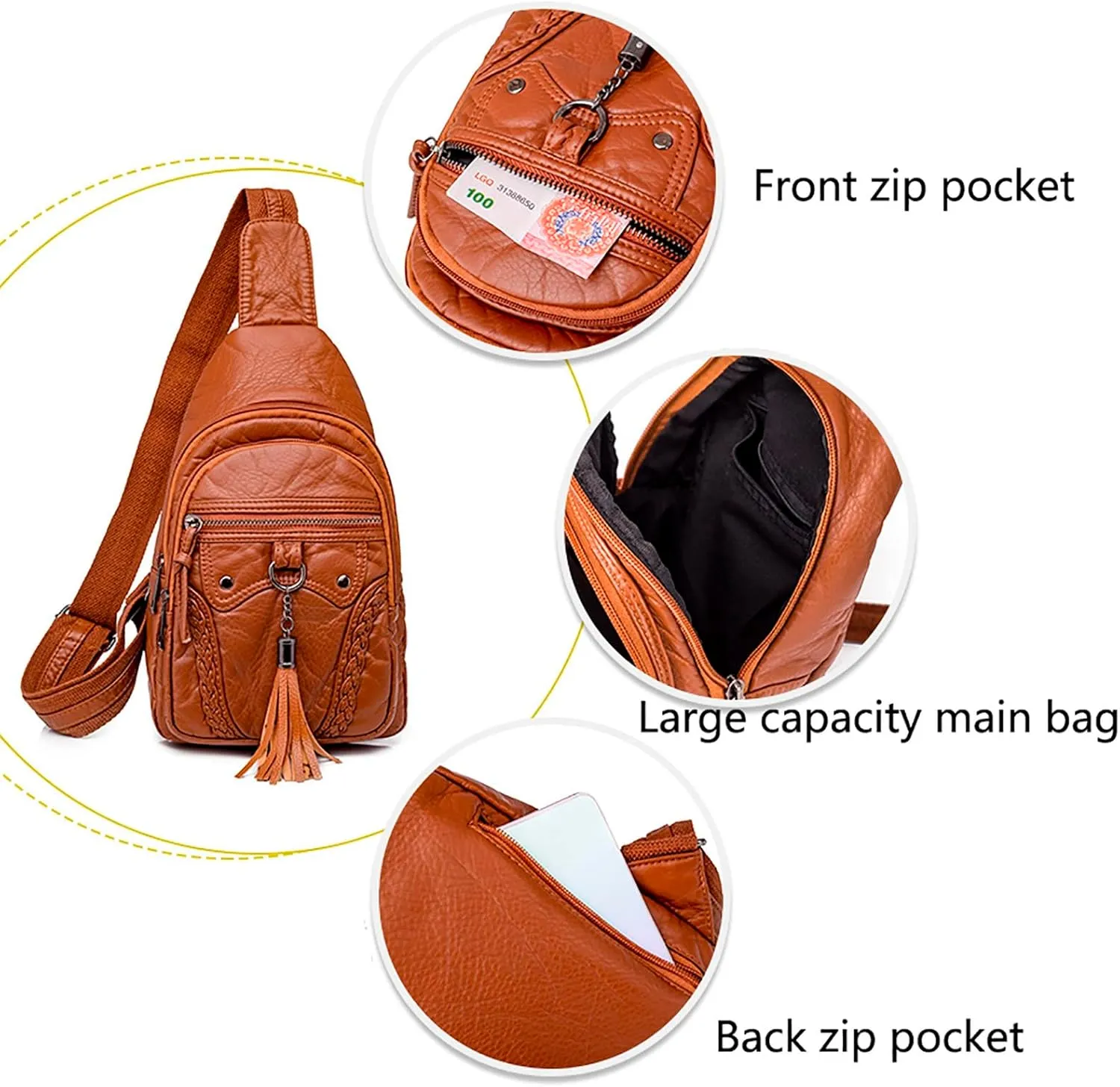 Vintage Crossbody Bags For Women - Sling Backpack With Zipper Adjustable Shoulder Strap Travel Bag In Leather