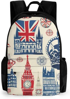 Vintage England London Big Ben Red Blue Crown 16 Inch Laptop Backpack Large Capacity Daypack Travel Shoulder Bag for Men Women