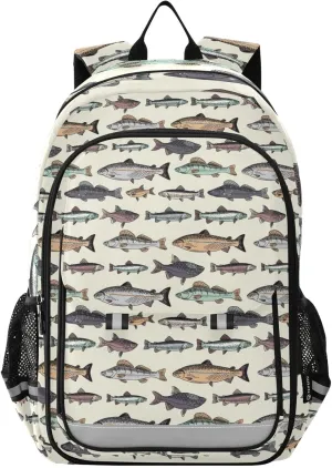 Vintage Fishes School Backpack Laptop Travel Daypack for Kids Girls Boys, Personalized Computer Notebooks Bookbag with Adjustable Padded Straps