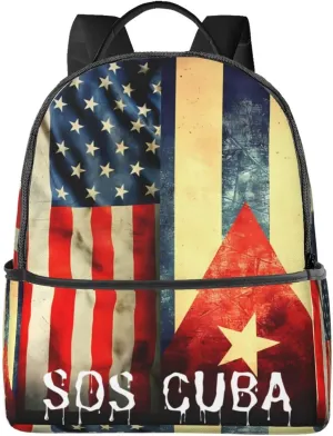 Vintage Half American Cuban Flag SOS Cuba Casual Backpacks Laptop Backpack Carry-on Daypack Sports Travel Rucksack Lightweight Working Bag for Outdoor Hiking Cycling Walking