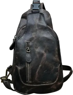Vintage Leather Sling Backpack for Men & Women – Distressed Black Crossbody Daypack with Zipper Closure, Adjustable Strap, Lightweight Travel Shoulder Bag